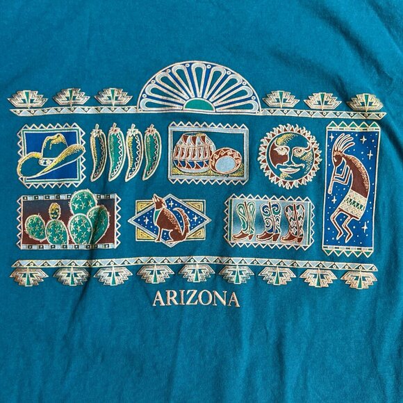 Vintage Single Stitch Teal Arizona Western Puff Print Graphic T-Shirt Size XL - Picture 2 of 4